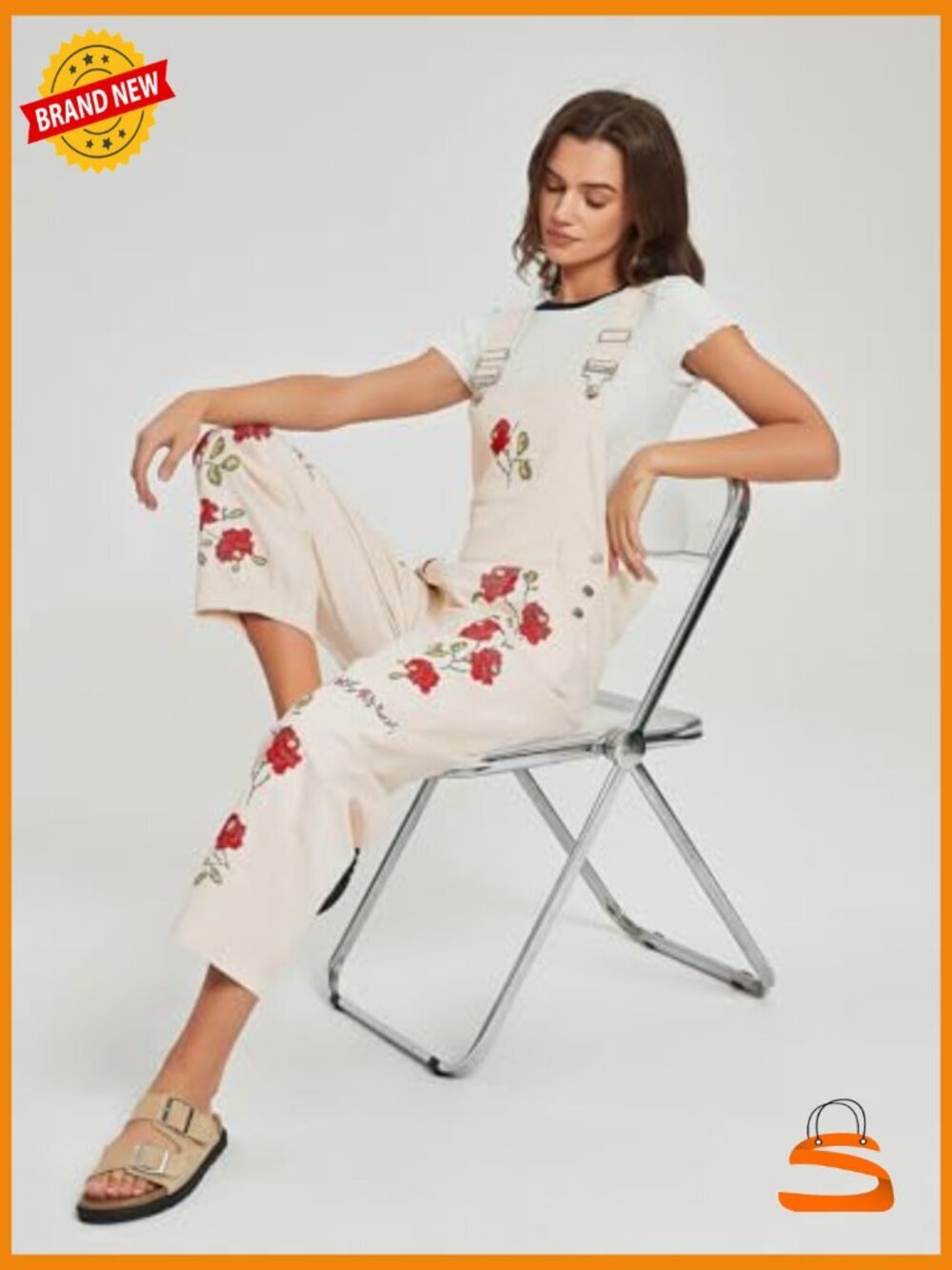 Loose Fit Floral Embroidered Denim Bib Jumpsuit Barrel Pants Overalls with - Picture 7 of 7